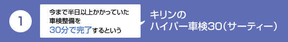 1.キリンのハイパー車検30（サーティー）　今まで半日以上かかっていた車検整備を30分で完了するという