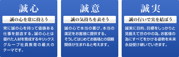 誠心 誠の心を常に持とう 常に誠の心を持って価値ある仕事を創造する。誠の心とは優れた人材を育成するキリックスグループ社員教育の最大のテーマです。誠意 誠の気持ちを表そう 誠の心で本当の喜び、本当の満足をお客様に提供する。そうしてはじめてお客様との信頼関係が生まれると考えます。 誠実 誠の行いで実を結ぼう 誠実に目的、目標をしっかりと見据えて世の中の為、お客様の為にすべてをかける姿勢を未来永劫受け継いでいきます。