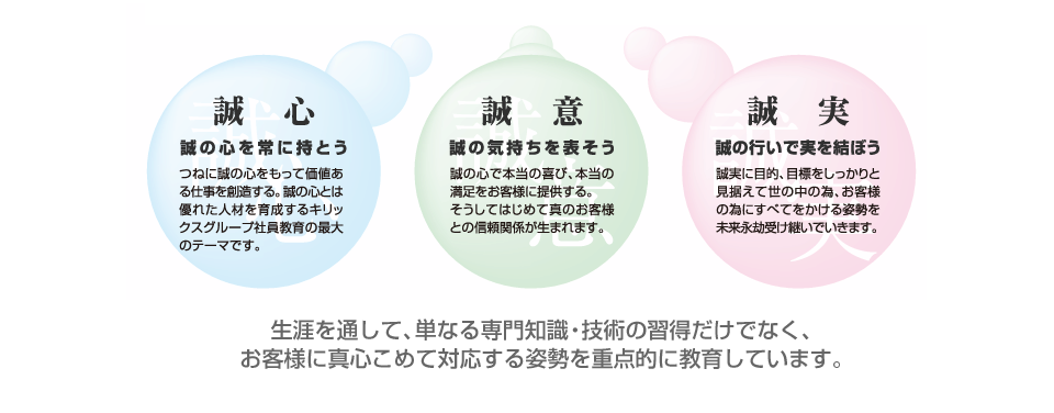 「誠心」「誠意」「誠実」生涯を通して、単なる専門知識・技術の習得だけでなく、お客様に真心こめて対応する姿勢を重点的に教育しています。
